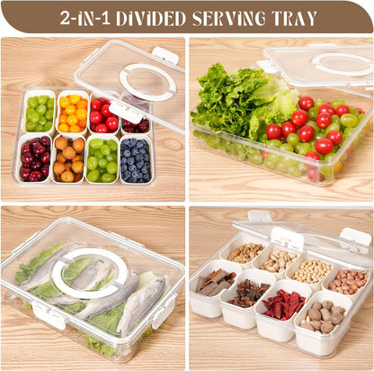 Divided Serving Tray with Lid and Handle, Snackle Box Charcuterie Container Portable for Snack Platters Reusable Clear Organizer 8 Compartments for Candy, Fruits, Nuts Perfect for Party Entertaining