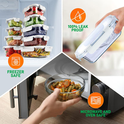 NutriChef 24pcs Glass Food Storage Containers, (12 Stackable Heavy Duty Meal Prep Containers w/ 12 Airtight Lids), Microwave, Freezer, & Dishwasher Safe for Food, Snacks, Fruit & More, (Gray)