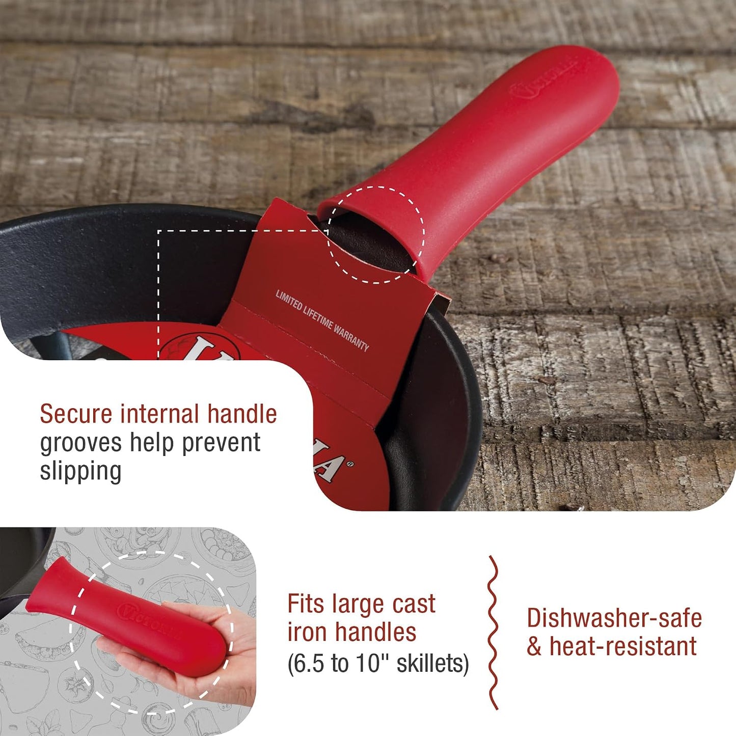 Victoria Silicone Handle Cover, Custom-Made Handle Sleeve for 10 and 12 Inch Victoria Cast Iron Skillets, Large, Red