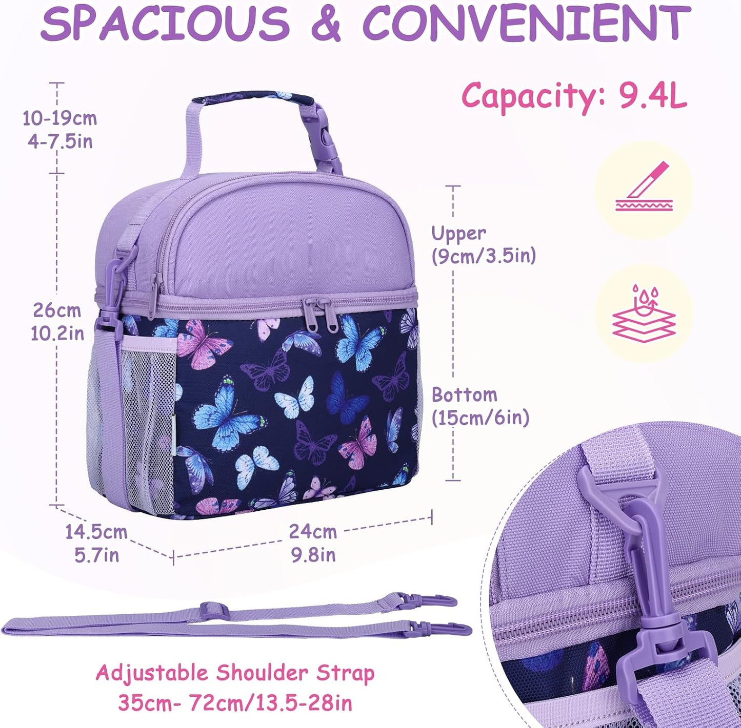 VASCHY Lunch Box Bag for Kids, Insulated Double Compartments Cooler Lunch Tote for Toddlers Boys Girls School/Daycare/Picnic Black Dinos