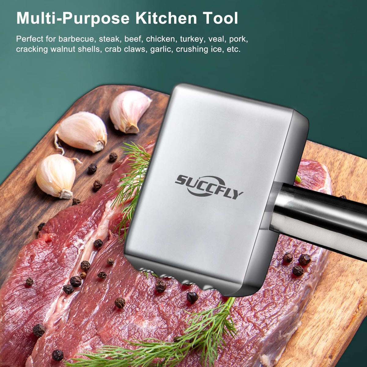 SUCCFLY Stainless Steel Meat Tenderizer Tool, Heavy Duty Meat Mallet 1.65LB