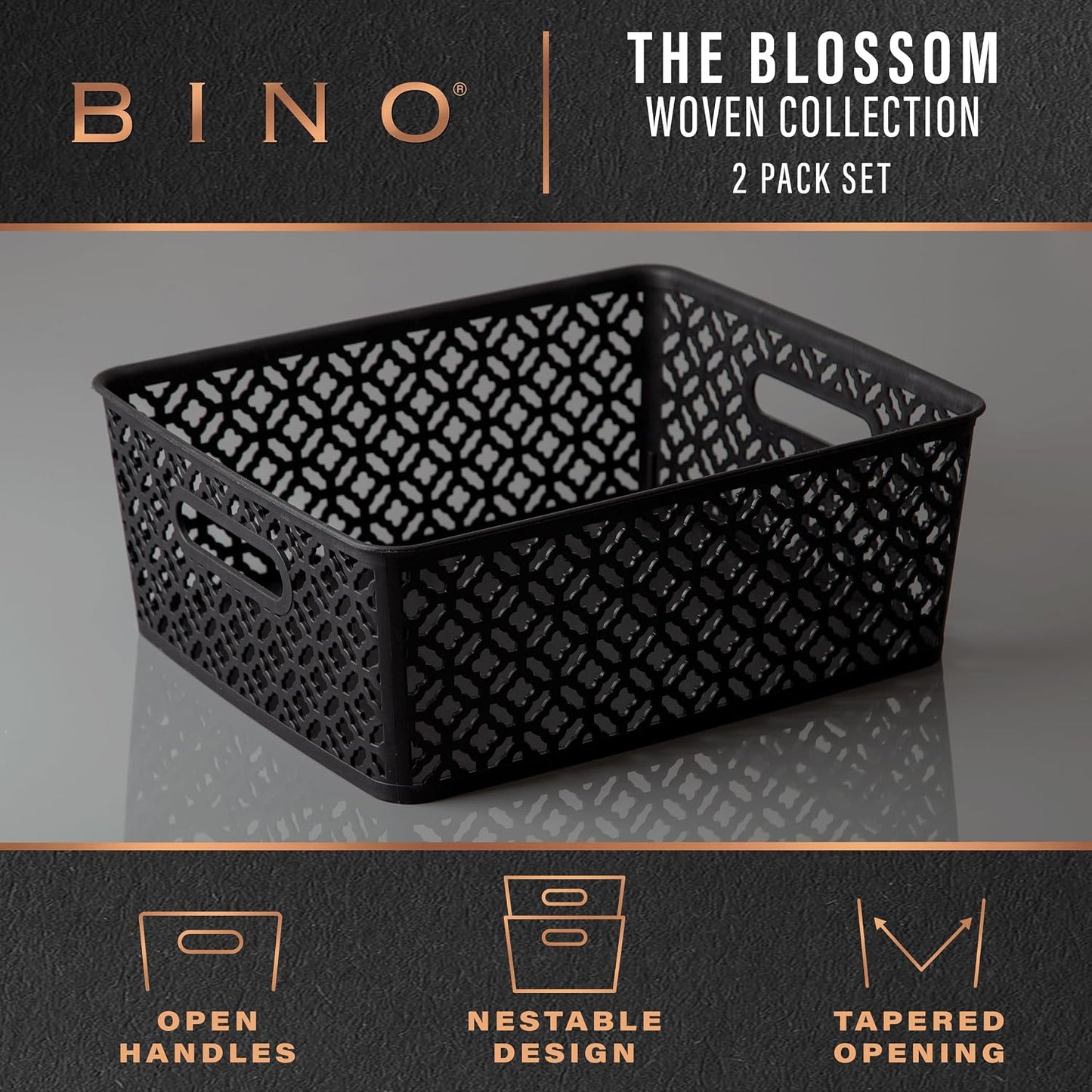 BINO l Plastic Storage Baskets, Large - Grey l THE BLOSSOM COLLECTION l Multi-Use Organizer Bin l Built-in Handles l Plastic Woven Basket for Organizing l Pantry & Home Organizing Basket