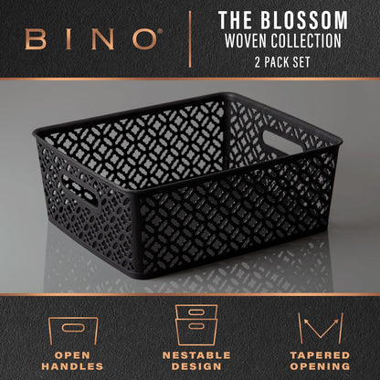BINO l Plastic Storage Baskets, Large - Grey l THE BLOSSOM COLLECTION l Multi-Use Organizer Bin l Built-in Handles l Plastic Woven Basket for Organizing l Pantry & Home Organizing Basket