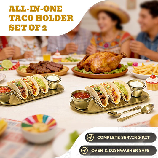 Stainless Steel Taco Holder Tray Set of 2, Taco Rack Holds 3 Tacos Each with Serving Tray, Sauce Cups & Spoon, Oven & Dishwasher Safe for Taco Night & Parties (Gold-2 Pack)
