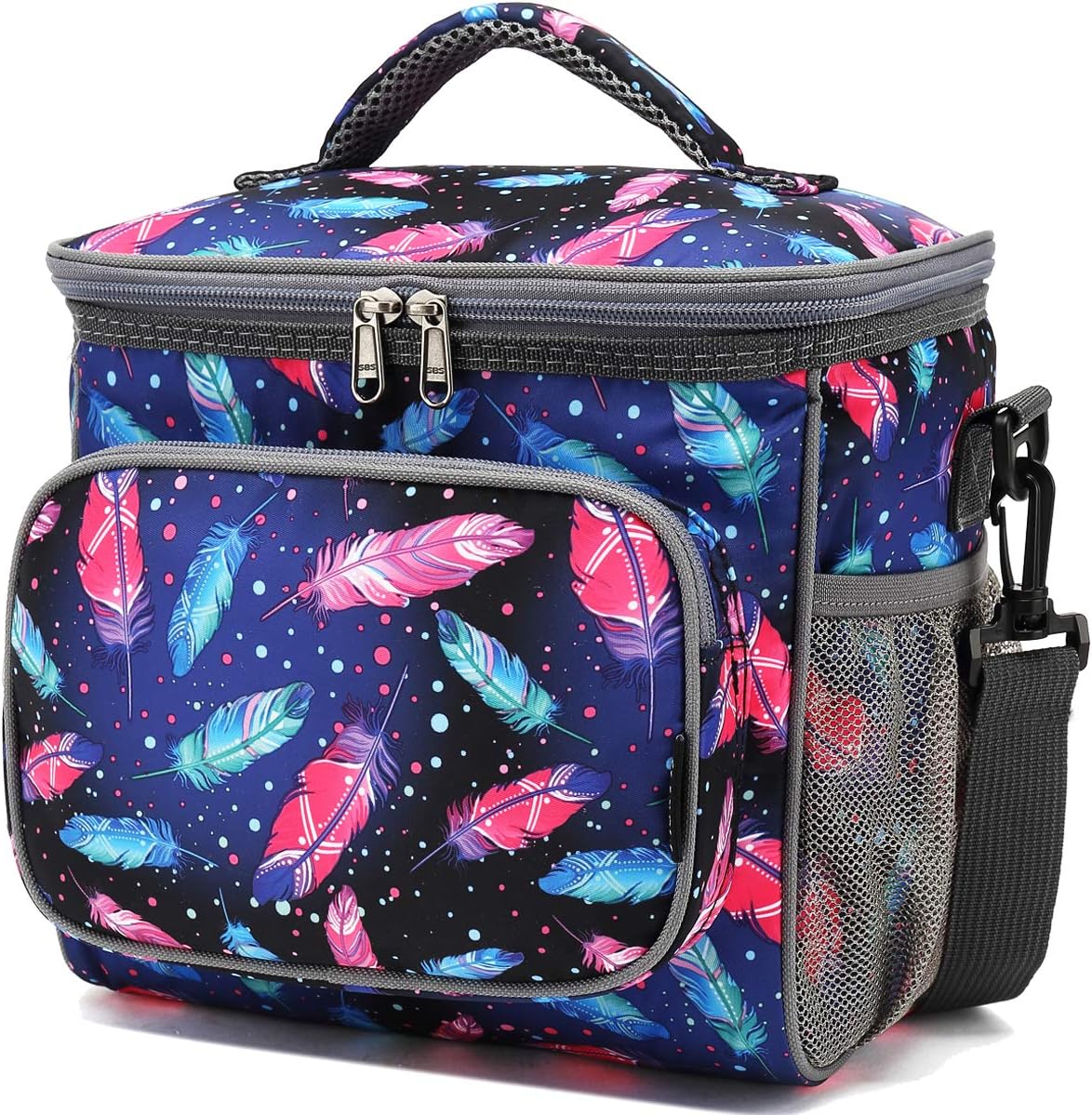 FlowFly Insulated Reusable Lunch Bag Adult Large Lunch Box for Women and Men with Adjustable Shoulder Strap,Front Zipper Pocket and Dual Large Mesh Side Pockets,Cherry - Colors B