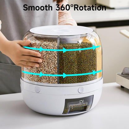 UFORU Rice Dispenser | 360° Rotating Grain Storage Bin - 6 Grids, 20LBS Large Capacity Food Container, Moisture-Proof, One-Click Output for Rice, Beans & Pet Food - Kitchen Pantry Organizer