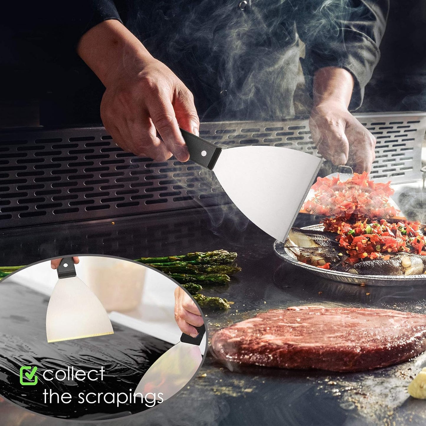 Grill Griddle Scraper Set of 2, Leonyo Stainless Steel Versatile Metal flat Top Grill Scraper for Dough Pancake Pizza Teppanyaki BBQ Home Baking Cooking, Slant Edge & Dishwasher Safe