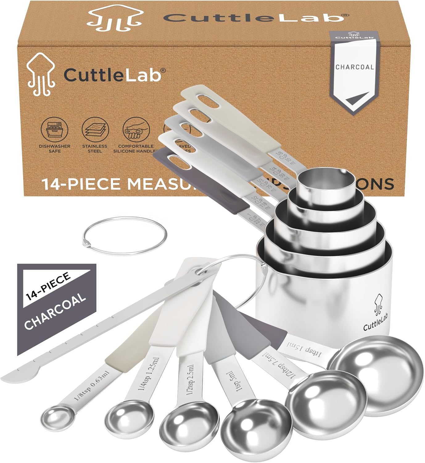 CuttleLab Measuring Cups and Measuring Spoons Set of 14 - Stainless Steel Measuring Cups and Spoons Set, Includes 1/8 Teaspoon Measuring Spoon, 1/8 Cup Measuring Cup, Leveler Dry (14, Country Chic)