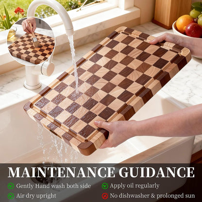 WILLKOMMEN Checkered Cutting Board Set, 3-Piece Wood Checkerboard End Grain Chopping Boards with Holder & Juice Groove Wooden Kitchen Cutting Board for Cooking and Serving (S, M, L)