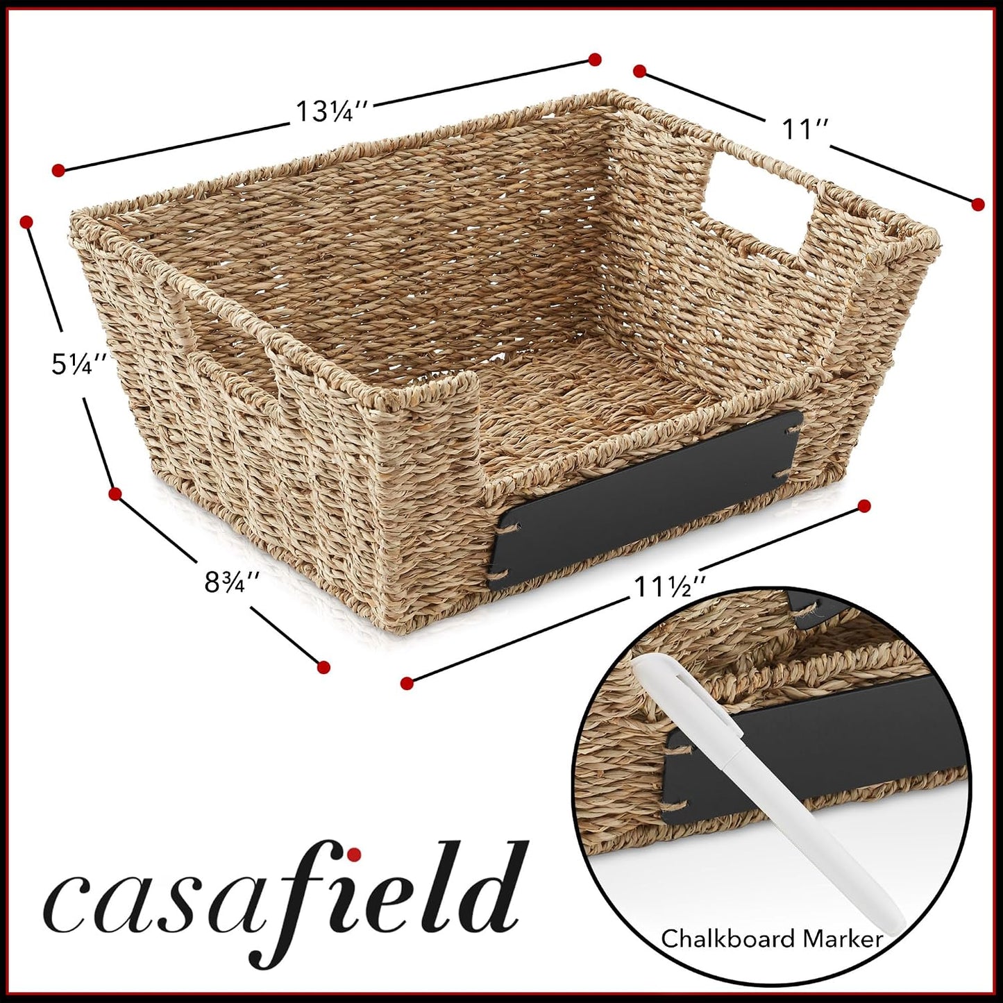 Casafield Set of 2 Water Hyacinth Pantry Baskets with Handles, Chalkboard Labels, and Marker - Espresso, Wide Woven Storage Bin Organizers for Kitchen Shelves