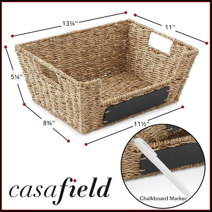 Casafield Set of 2 Water Hyacinth Pantry Baskets with Handles, Chalkboard Labels, and Marker - Espresso, Wide Woven Storage Bin Organizers for Kitchen Shelves