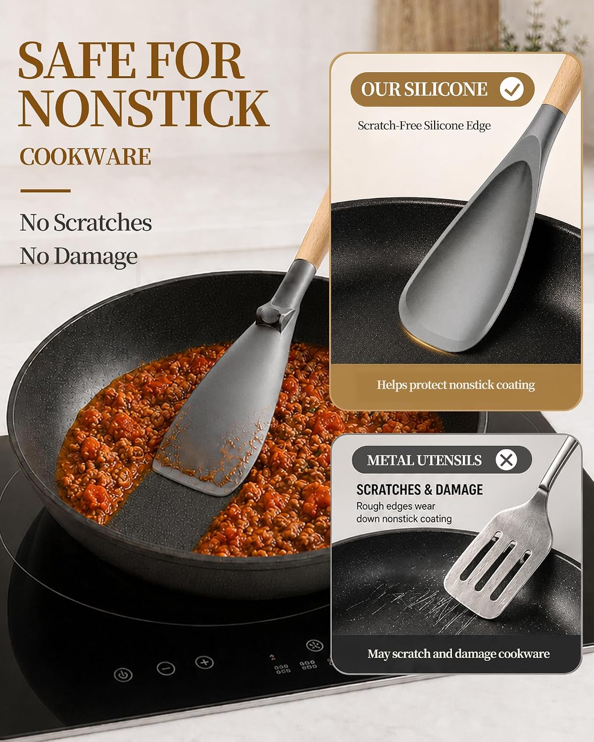 Astercook Cooking Spoon, 2 Pack, Nonstick Safe Silicone Spoonula Spatula
