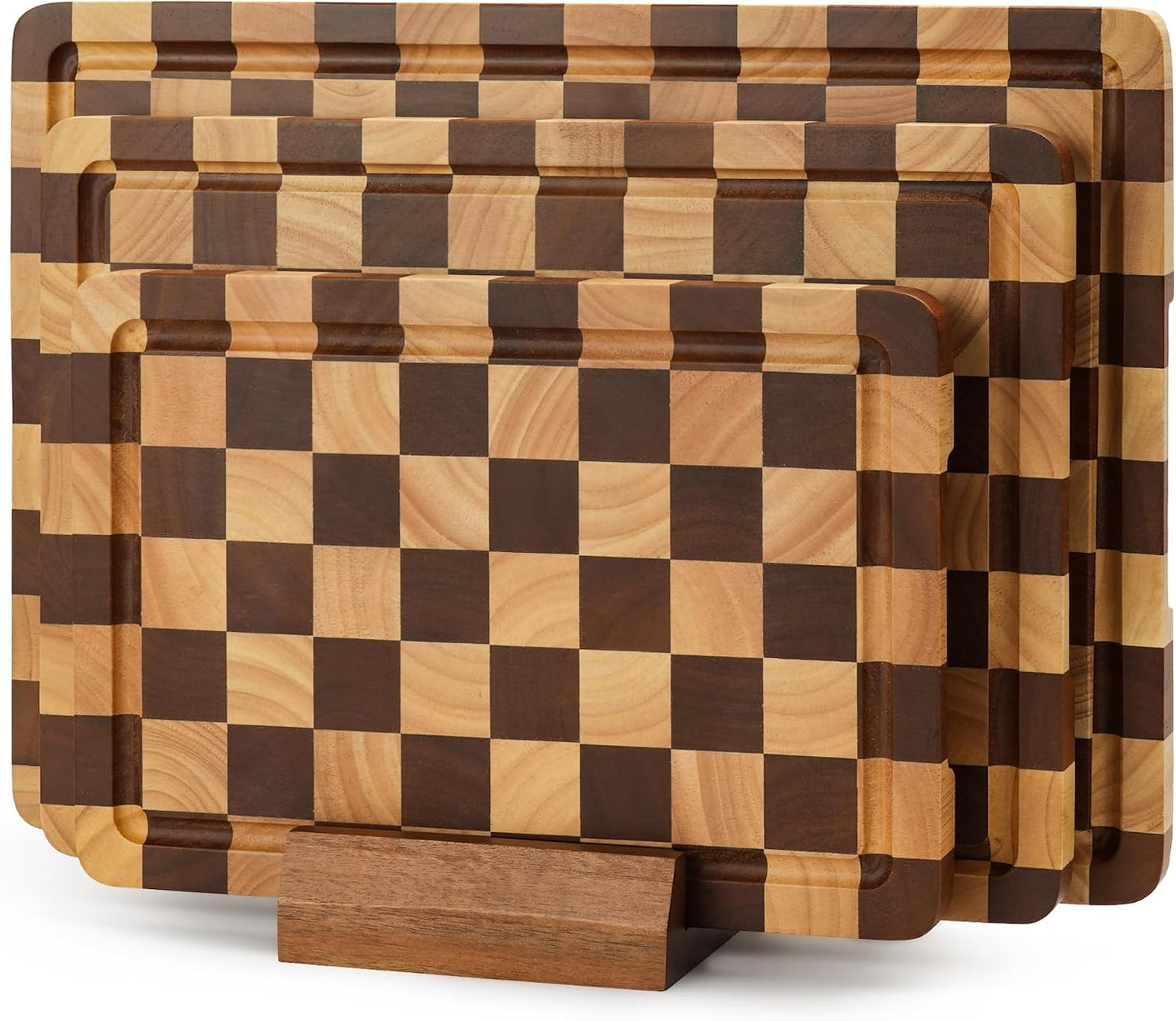 WILLKOMMEN Checkered Cutting Board Set, 3-Piece Wood Checkerboard End Grain Chopping Boards with Holder & Juice Groove Wooden Kitchen Cutting Board for Cooking and Serving (S, M, L)