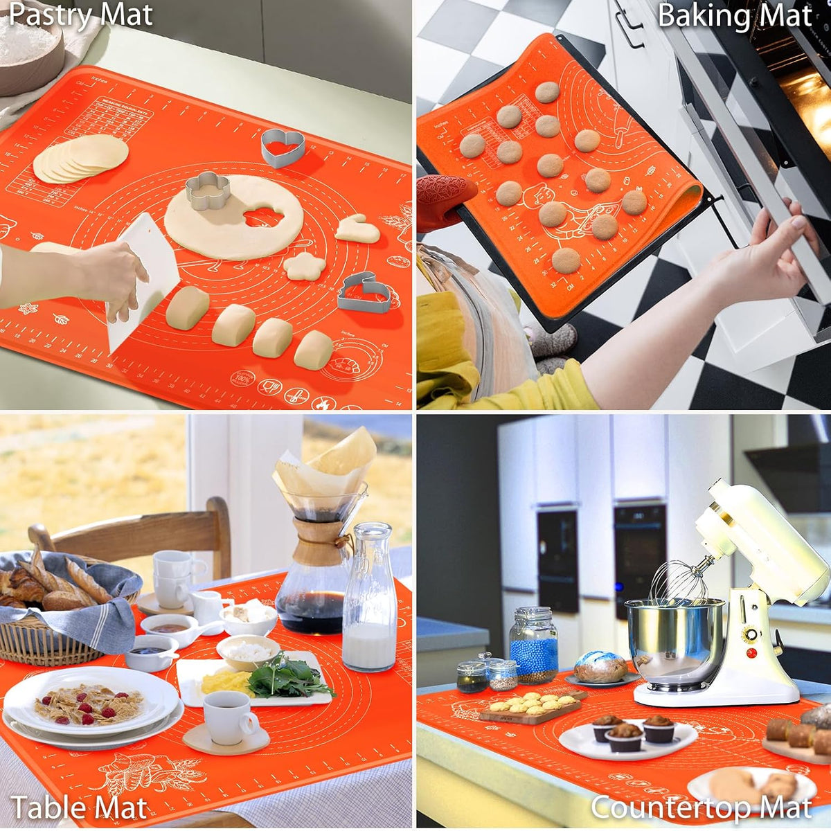 Silicone Baking Mat 28" x 20" Extra Thickness Dough Rolling Mat with Measurements and Edge Heightening, Non-stick Food Grade Silicone Pastry Mat for Pastry, Bread, Cookies, Pizza, Fondant, Pasta-Black