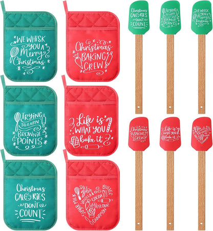 Zhehao 12 Pcs Christmas Silicone Spatulas Pot Holders Set Heat Resistant Pot Holders with Pocket Baking Gifts for Christmas Gift Party Supplies (Vibrant Christmas Style)