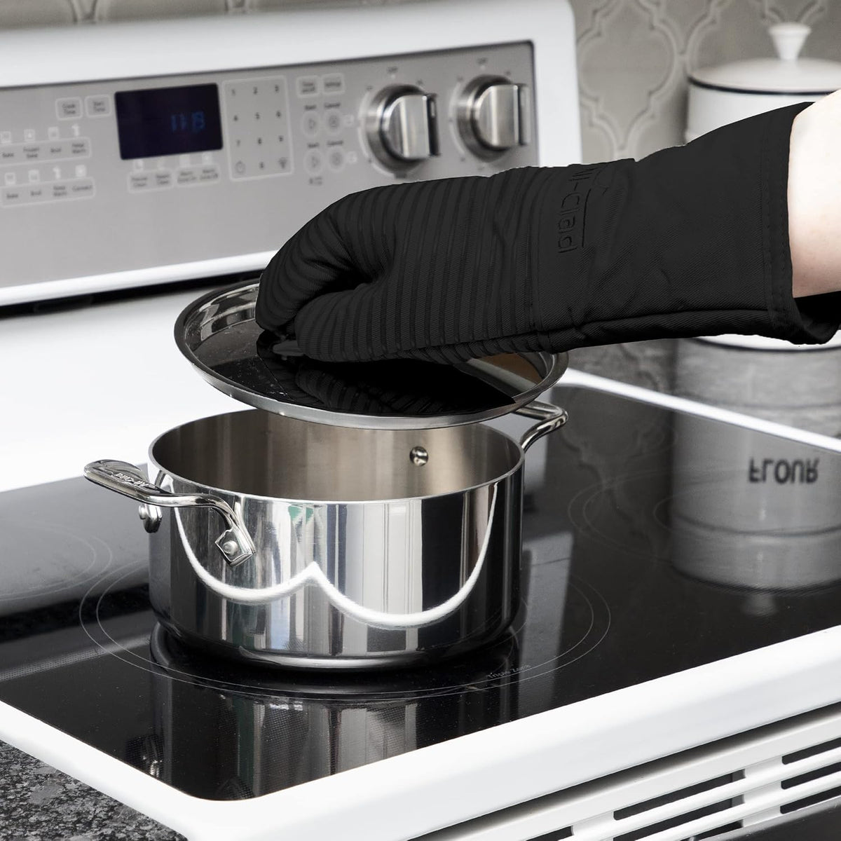 All-Clad Silicone Oven Mitts: Heat Resistant up to 500 Degrees - 100% Cotton & Silicone, 14"x7" Oven Mitt for Kitchen and Barbeque, Pewter