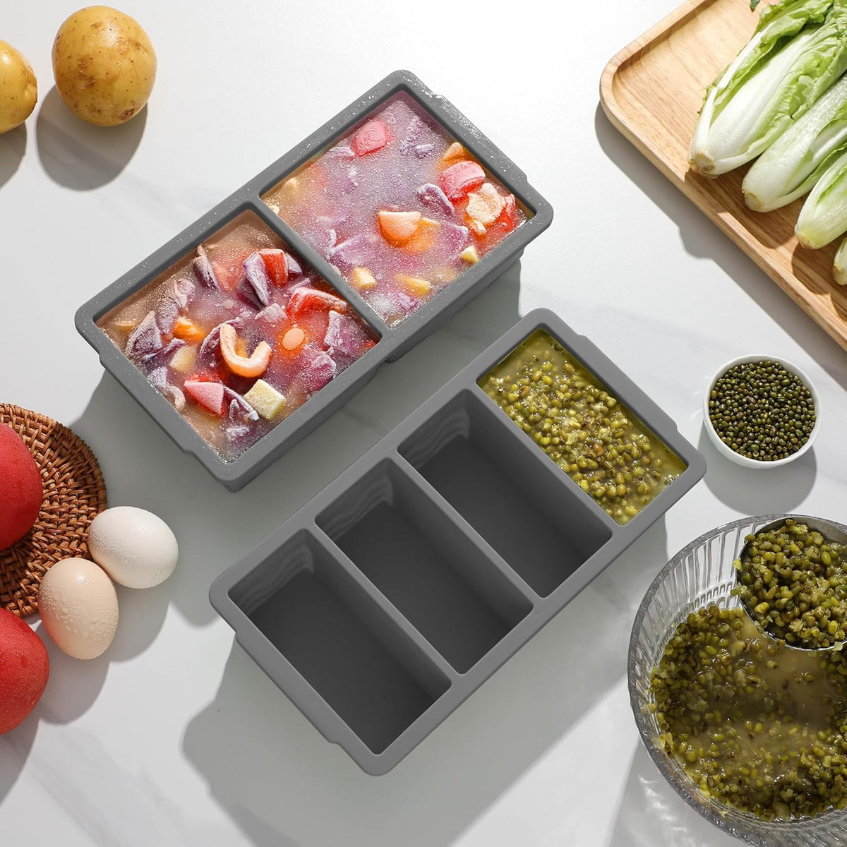 Silicone Freezer Trays with Lid for Soup, 1-Cup & 2-Cup Large Ice Cube Molds Food Storage Containers for Meal Prep, Freeze 500mL/250mL/125mL Portions – 2 Pack