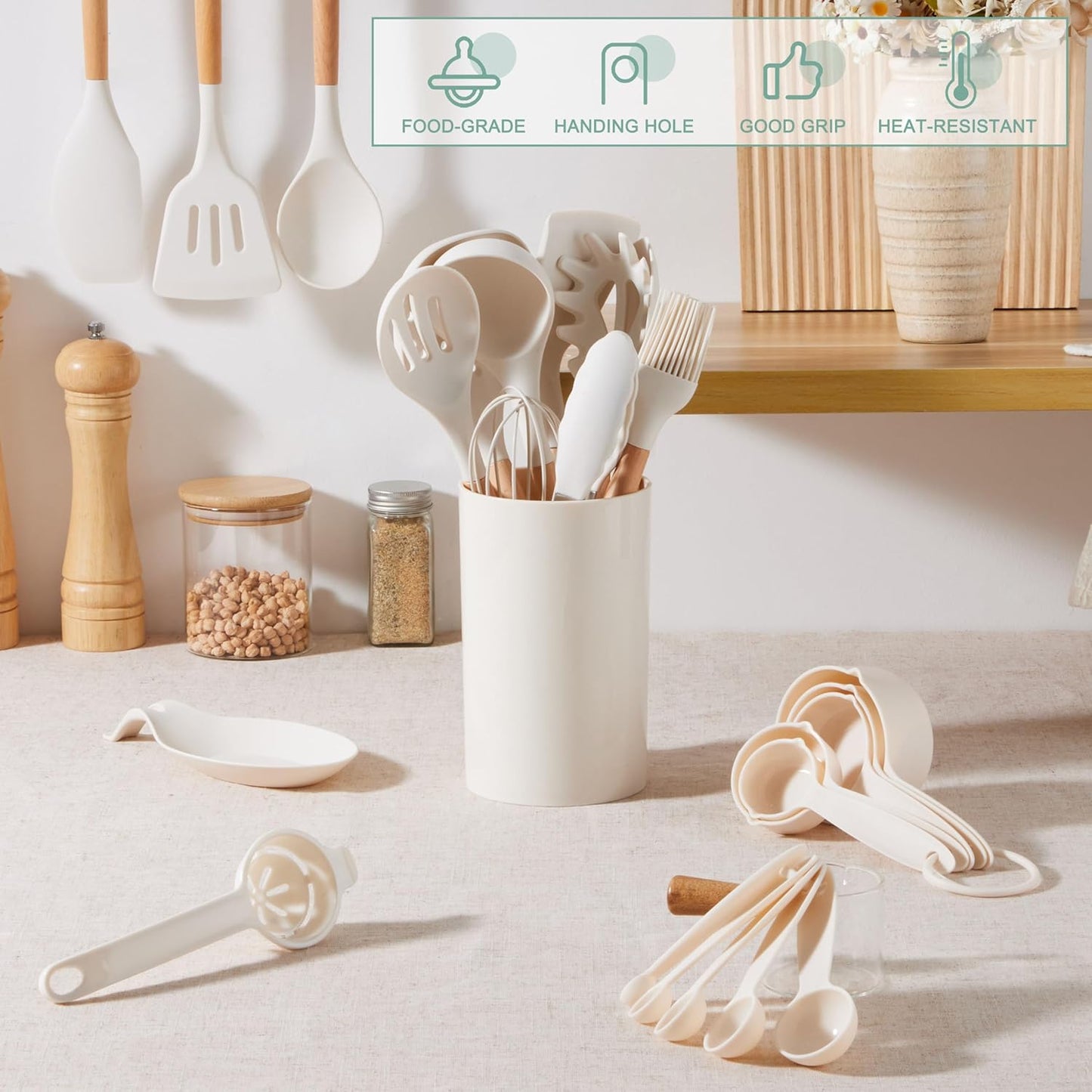 E-far Silicone Cooking Utensils Set, 5-Piece Kitchen Utensils Set with Wooden Handle for Cooking, Silicone Kitchen Nonstick Tools Spatula Turner Slotted Spoons, Nontoxic & Heat Resistant-Khaki