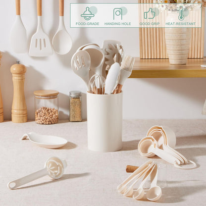 E-far Silicone Cooking Utensils Set, 5-Piece Kitchen Utensils Set with Wooden Handle for Cooking, Silicone Kitchen Nonstick Tools Spatula Turner Slotted Spoons, Nontoxic & Heat Resistant-Khaki