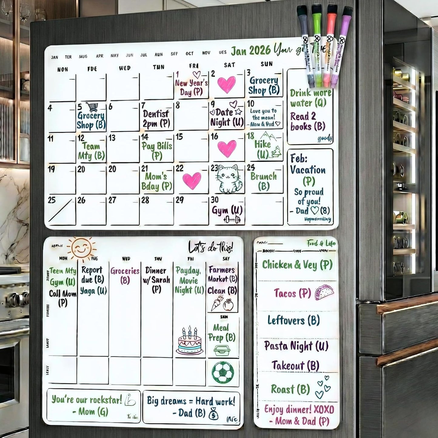 Magnetic Dry Erase Calendar for Fridge – 3 Pack Monthly Whiteboard Meal Planning Board w/4 Markers – Daily Task, Weekly Planner & Schedule Board for Refrigerator, Kitchen & Office Use