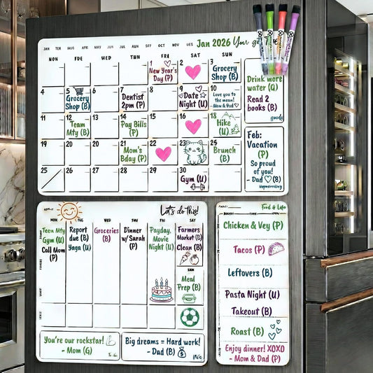 Magnetic Dry Erase Calendar for Fridge – 3 Pack Monthly Whiteboard Meal Planning Board w/4 Markers – Daily Task, Weekly Planner & Schedule Board for Refrigerator, Kitchen & Office Use