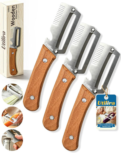 Shredder - 3-in-1 Multifunctional Vegetable Peeler with Bottle Opener & Julienne Shredder, Wide Stainless Steel Blade and Non-slip Wooden Handle, Peeler Knife for Fruits, Vegetables (1pcs)