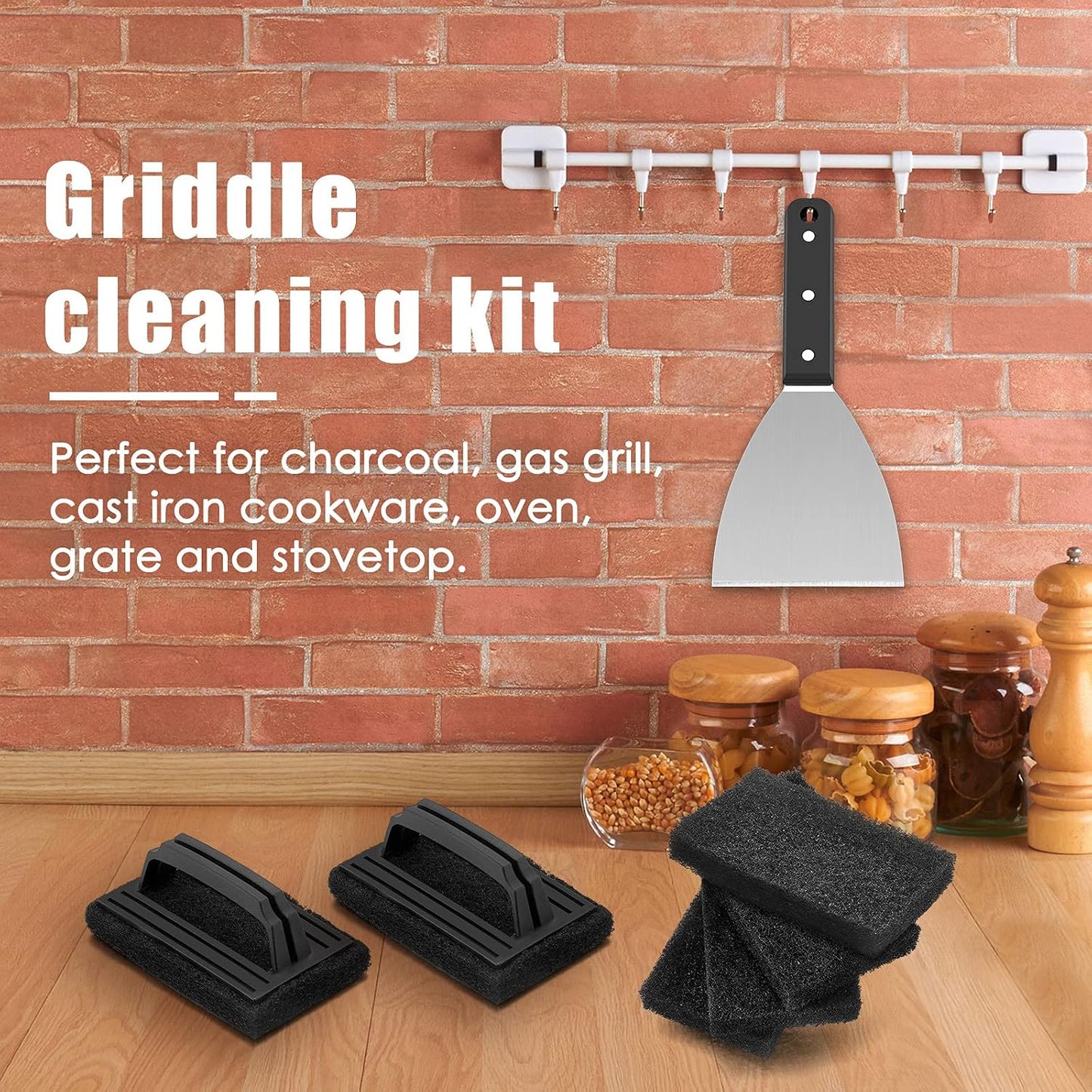 HaSteeL Griddle Cleaning Kit, 7PCS Flat Top Grilling Cleaner Tools Set, Metal Dough Scraper, Cleaning Brush with Handle, Scouring Pads for BBQ Cast Iron Kitchen Cookware Stovetops Hot & Cold Surfaces
