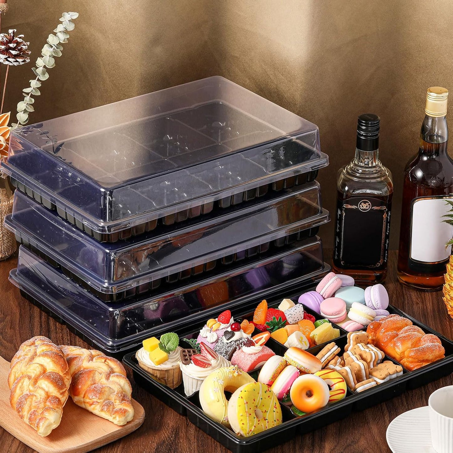 Shellwei 5 Pack 8 Compartments Divided Charcuterie Board with Lid Large 15 x 10 Inch Disposable Catering Serving Trays with Lid Reusable Plastic Serving Platter