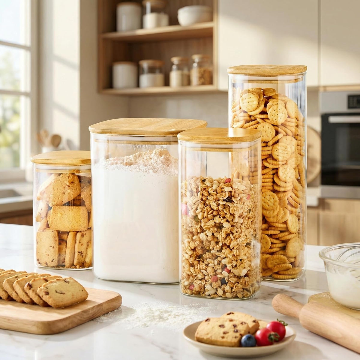 Large Glass Storage Containers 168oz, 2 Pack Pantry Jars with Bamboo Lids | Square Borosilicate Glass Jar with Airtight Lid Keep Flour, Sugar & Rice Fresh, Fits 5lb Bag, BPA-Free for Pantry Organizer