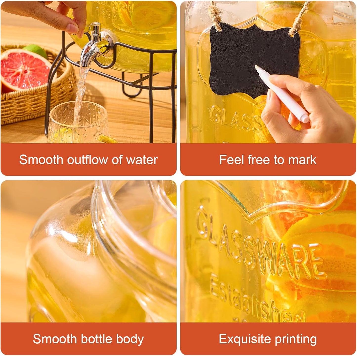 1 Gallon Glass Drink Dispensers for Parties, 2 Pack Beverage Dispenser with Stand, Fruit Infuser & Leakproof Stainless Steel Spigot, Juice Dispenser for Lemonade, Iced Tea, Sun Tea & Infused Water
