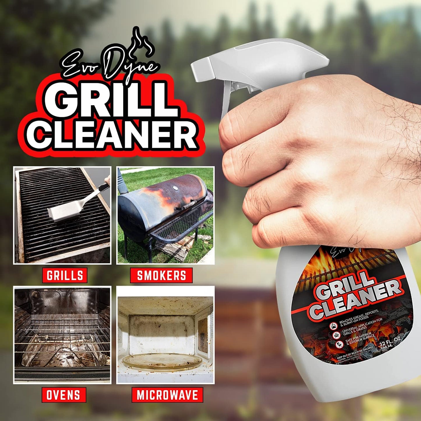 Evo Dyne Grill Cleaner Spray (32 oz), Made in USA - Quickly Cleans BBQ Burnt-on Foods and Grease from Grill Grates - Heavy Duty, Fast-Acting Formula, Less Scrubbing - Food Safe Grill & Oven Degreaser