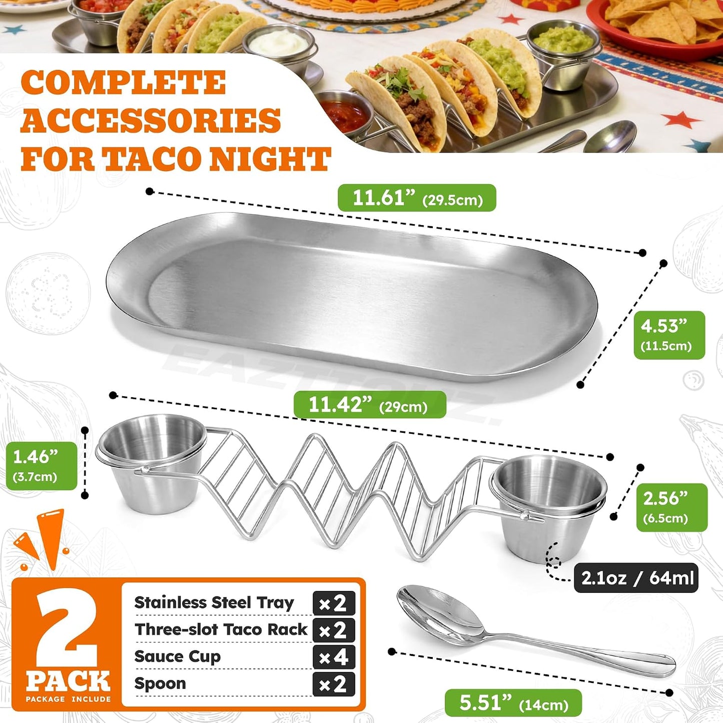 Stainless Steel Taco Holder Tray Set of 2, Taco Rack Holds 3 Tacos Each with Serving Tray, Sauce Cups & Spoon, Oven & Dishwasher Safe for Taco Night & Parties (Gold-2 Pack)