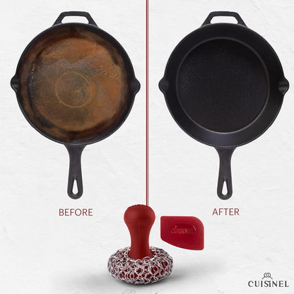 Cuisinel Cast Iron Scrubber Cleaning Brush + Pan/Grill Scraper - Skillet and Grill Cleaner Kit - Soft-Touch Confident-Grip Dish Scrub Tool - Tough on Grease, Gentle on Metal and Non-Stick Cookware