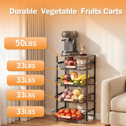 JAQ Slide Out Fruit Vegetable Basket for Kitchen, 4-Tier Rolling Storage Cart with Wooden Handle & Top, Metal Wire Produce Rack for Pantry Organization, Onion Potato Storage Bins for Small Space,White