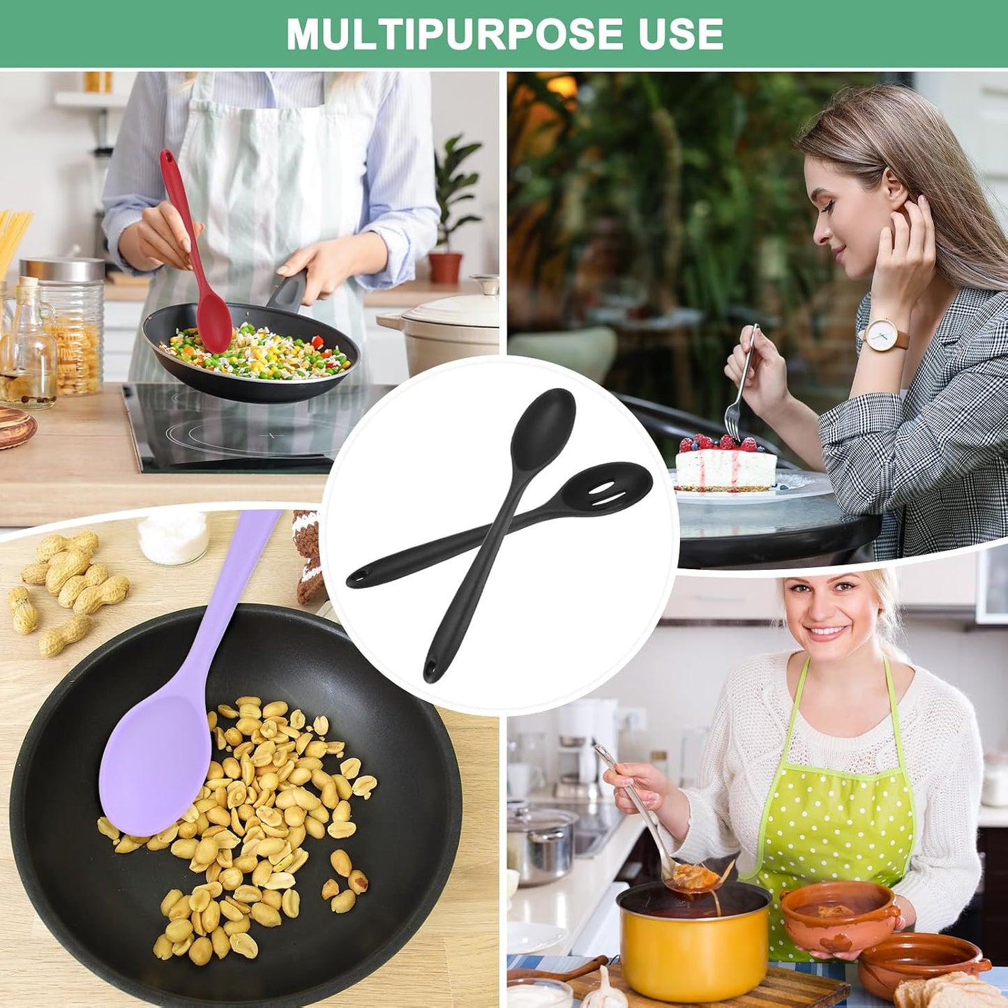 M METERXITY 2-Pack Silicone Cooking Spoons, 10.6" Mixing Nonstick Slotted and Solid Serving Spoons, Heat Resistant Utensils for Kitchen/Cooking/Baking/Stirring