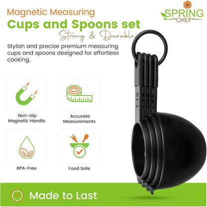 Spring Chef Magnetic Measuring Cups and Spoons Set of 9, Nesting Kitchen Tool with Easy to Read Markings for Measuring Dry or Liquid Ingredient, BPA Free, Black
