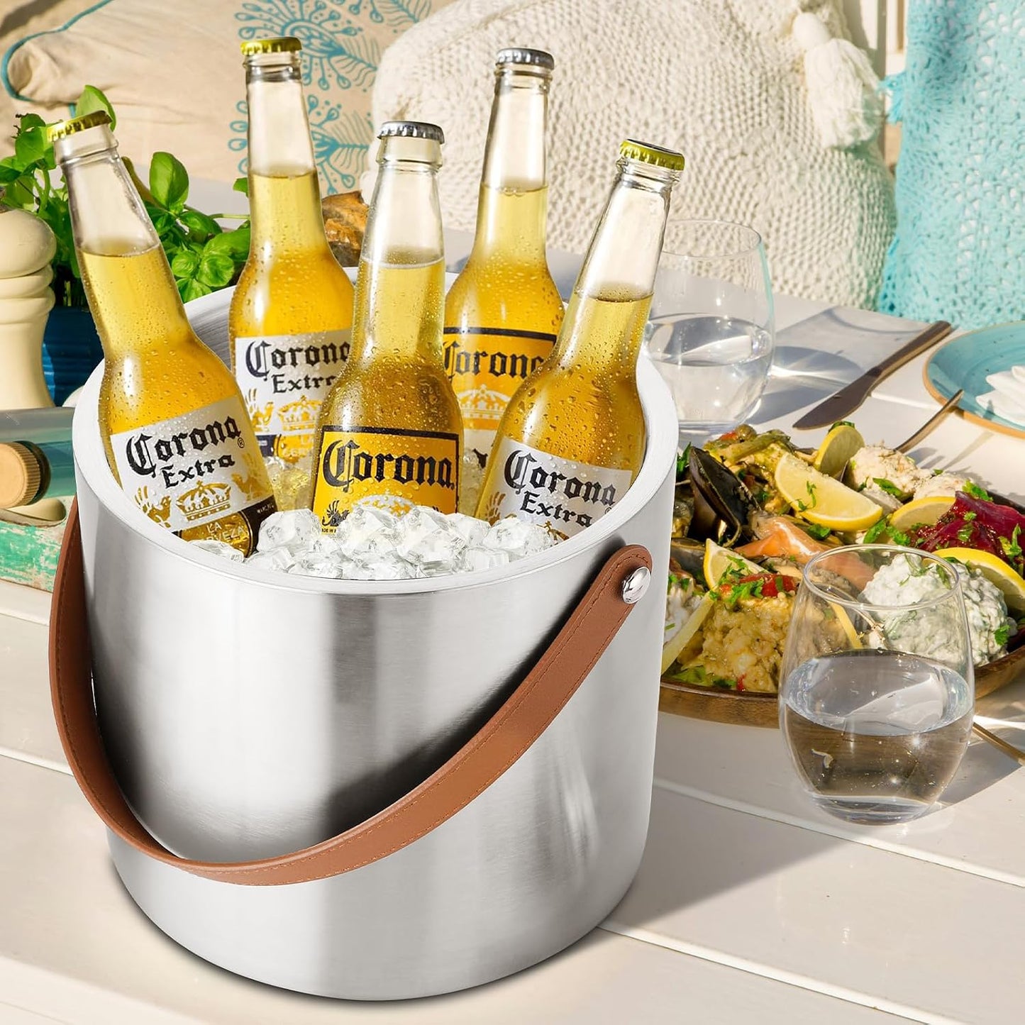 Bakpoco Double-Wall Vacuum Insulated Ice Bucket with Lid, Scoop, Ice Tong, Strainer & Leather Handle Keep Ice Frozen Longer Large Wine Ice Buckets for Cocktail Bar,Parties Chilling Beer Champagne 3L