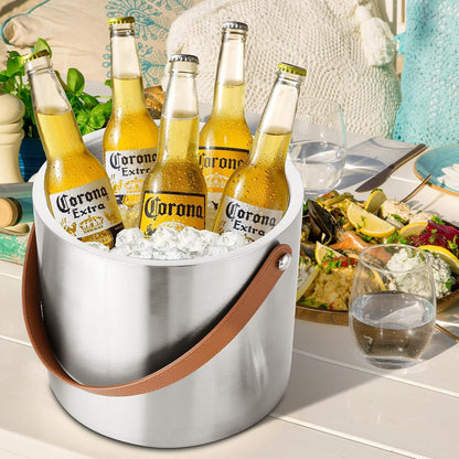 Bakpoco Double-Wall Vacuum Insulated Ice Bucket with Lid, Scoop, Ice Tong, Strainer & Leather Handle Keep Ice Frozen Longer Large Wine Ice Buckets for Cocktail Bar,Parties Chilling Beer Champagne 3L