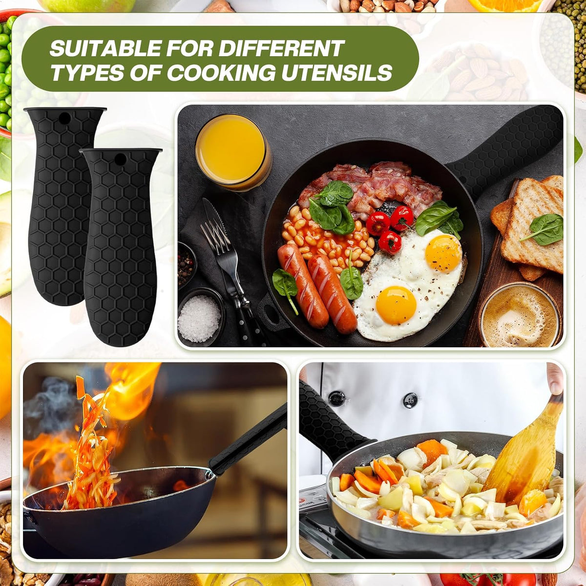 Patelai 2pcs Silicone Pan Handle Sleeve for Cast Iron Skillet, Black