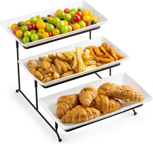 LYEOBOH 3 Tier Serving Bowls Set Tiered Serving Stand, Porcelain Oval Bowls with Collapsible Metal Stand for Entertaining, Party, Dessert Display, Candy, Chip and Dip (Gold)-45oz / 17.5oz / 7oz