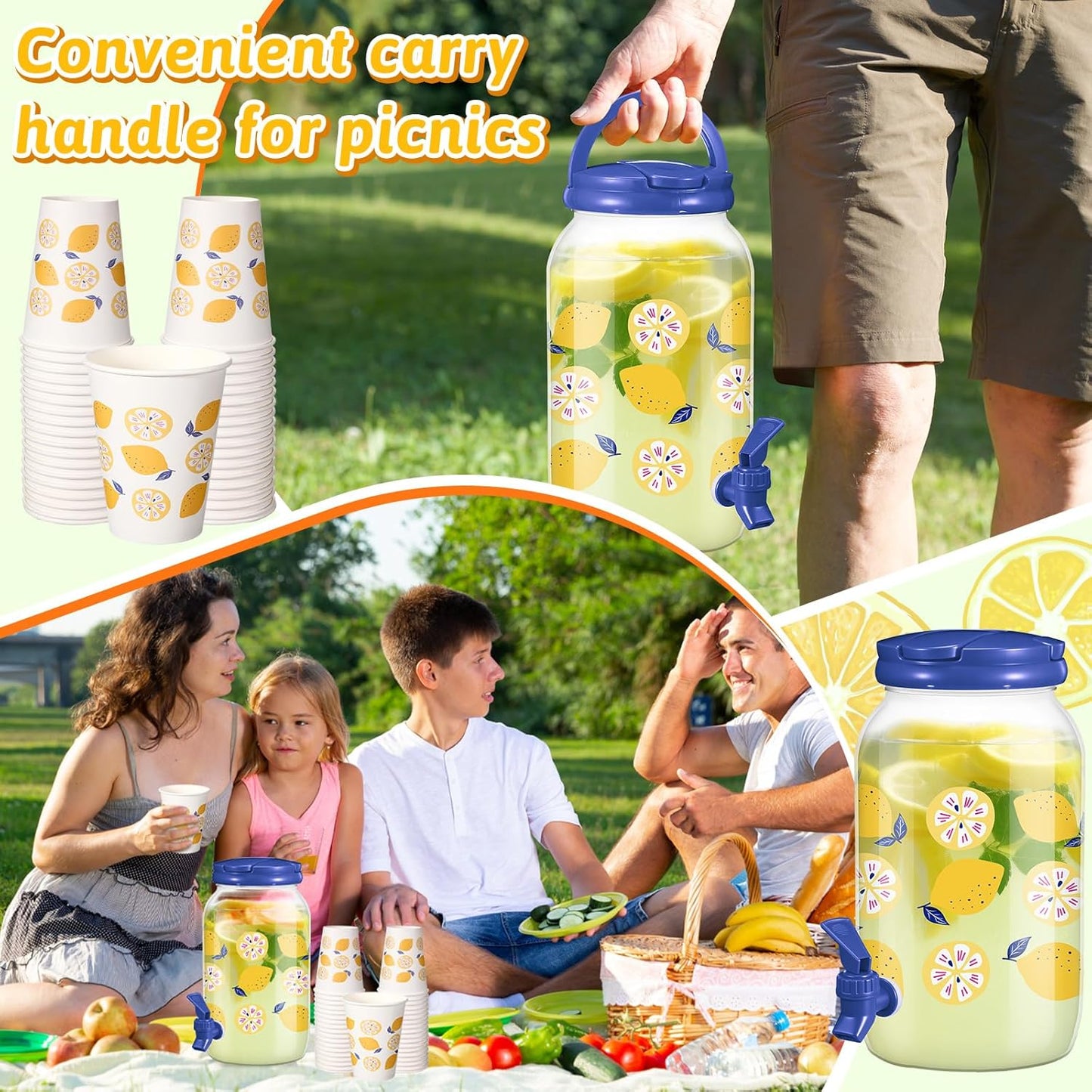 Umigy Tree Clear Plastic Drink Dispenser with 20 Pcs 12 oz Tropical Paper Cups 1 Gallon Kitchen Fridge Beverage Dispenser Plastic Water Dispenser with Spigot for Juice Tea Beer(Orange)