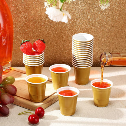 Roshtia 100 Pack 2 oz Plastic Shot Cups, Mini Disposable Shot Glasses 2 oz Wedding Party Cups for Bridal Shower Wedding Party, Beer Taste Serving, Snacks(Black, Gold)
