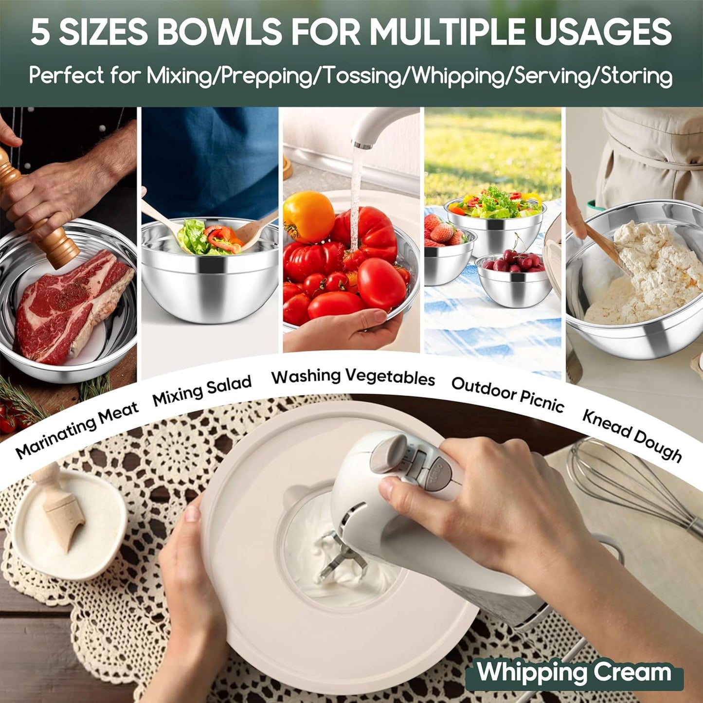 Herogo 5-Piece Mixing Bowls with Airtight Lids, 3 Grater Attachments, Stainless Steel Salad Serving Bowls for Kitchen, Size 4.6, 3.5, 2.5, 2, 1.5QT Ideal for Prepping & Cooking, Black