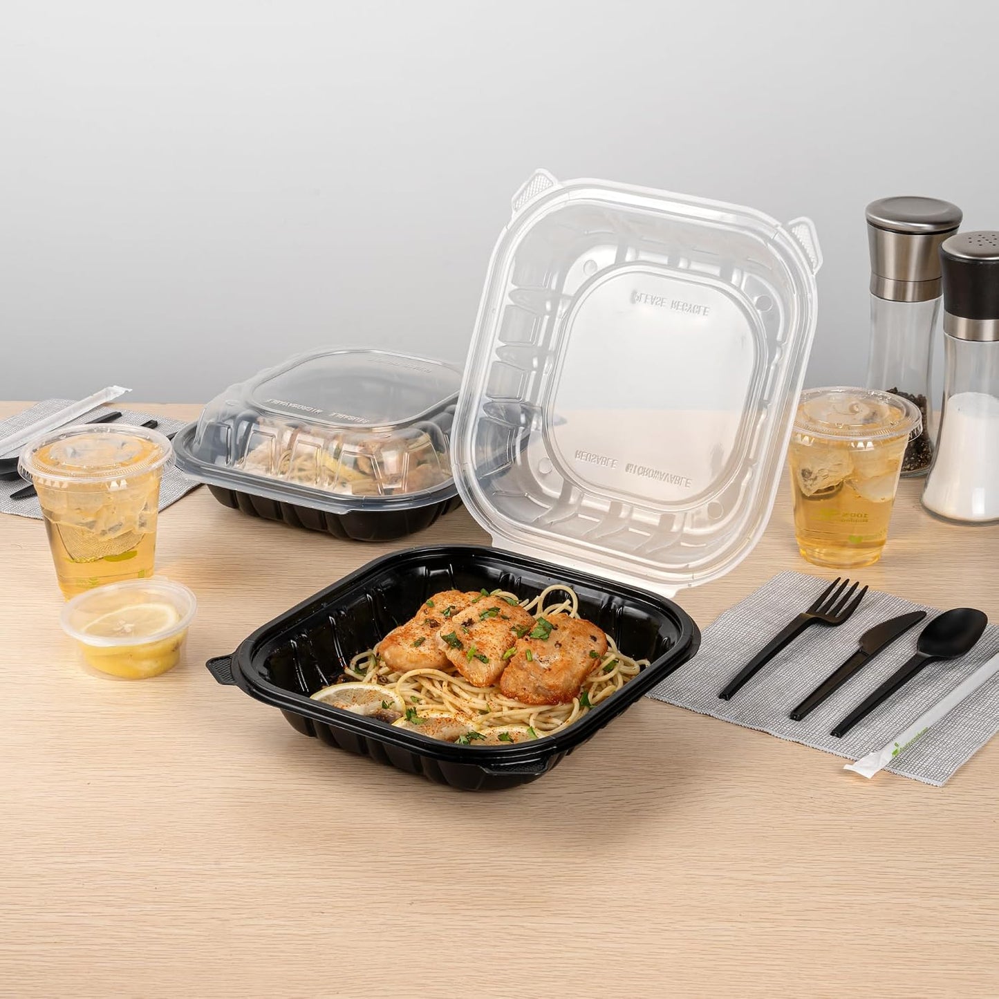 Thermo Tek 40 Ounce Clamshell Containers, 50 Disposable Take Out Boxes - 3 Compartments, Ventilated Lids, Black Plastic Meal Prep Containers, Microwavable, For Pasta Or Salads - Restaurantware