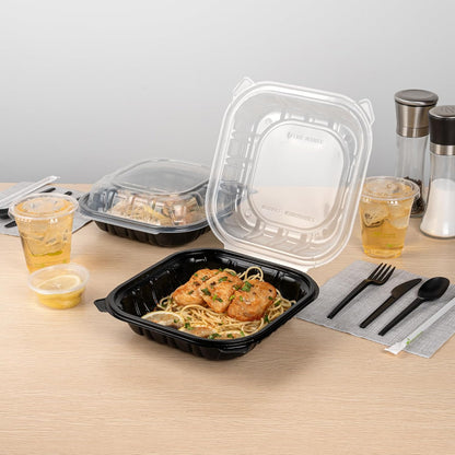 Thermo Tek 40 Ounce Clamshell Containers, 50 Disposable Take Out Boxes - 3 Compartments, Ventilated Lids, Black Plastic Meal Prep Containers, Microwavable, For Pasta Or Salads - Restaurantware