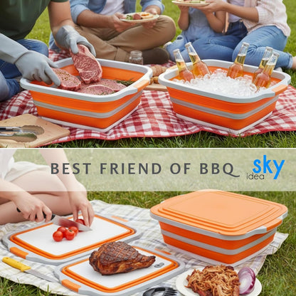Collapsible BBQ Prep Tub with Lid - XL 4.22 GAL Folding Cutting Board & Food Basin for Outdoor Cooking, Marinating Container, Space Saving Prep Station