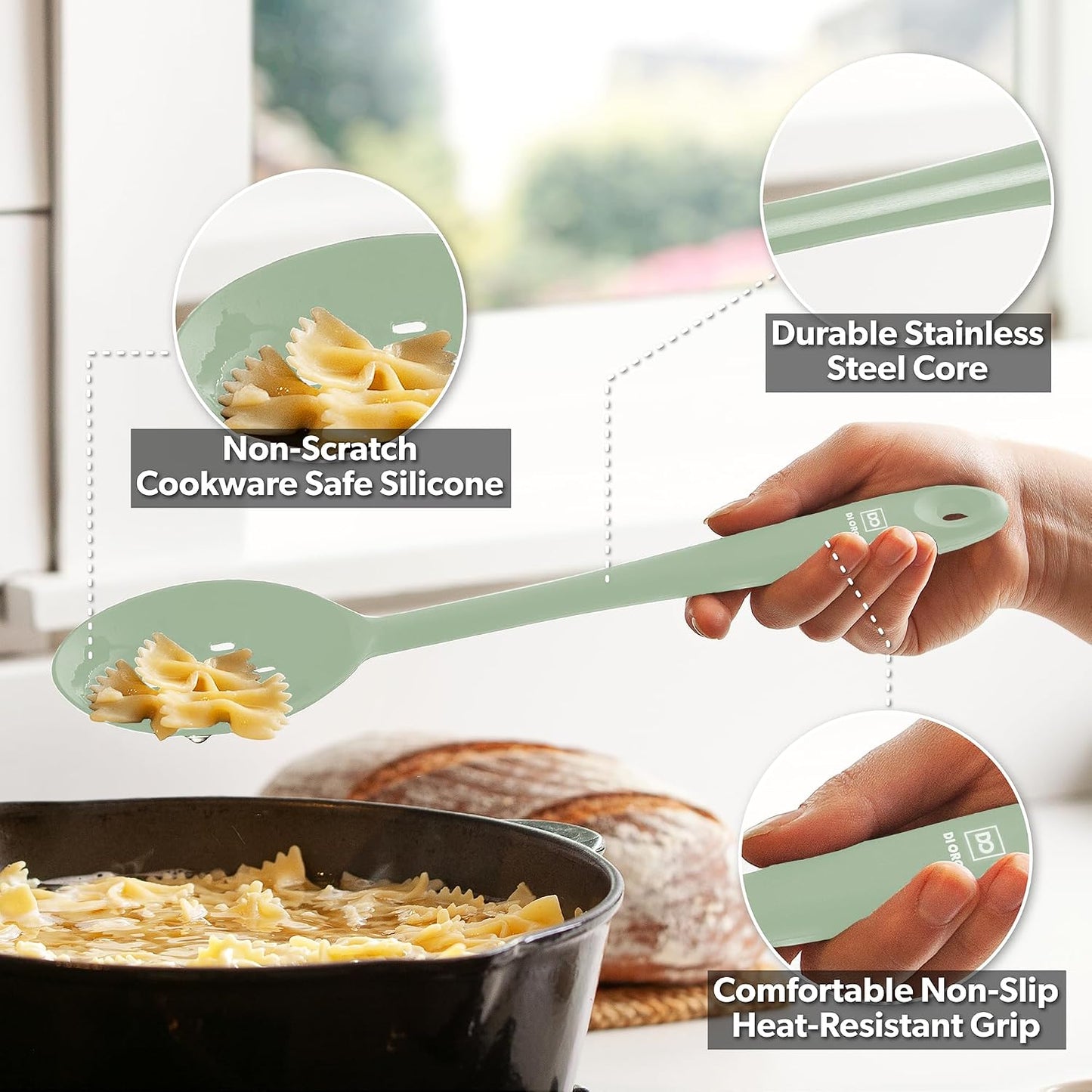 DI ORO Silicone Spoons for Cooking - Large Kitchen Spoons for Mixing, Serving, & Stirring - 600°F Heat-Resistant Non Stick Utensils – Big Solid & Slotted - Dishwasher Safe (2pc, Black)
