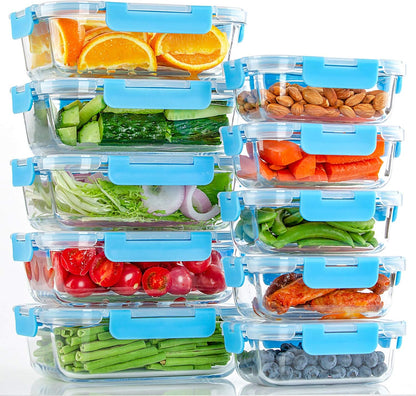 UMEIED 10 Pack Glass Food Storage Containers with Lids, Leakproof Airtight Glass Meal Prep Containers For Lunch, On The Go, Leftover, Dishwasher Safe