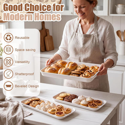 6 Pcs Large Serving Tray and Platters for Party, 15" White Plastic Food Display Trays for Cookies Desserts Appetizers, Reusable Rectangular Hosting Essentials for Buffet Catering