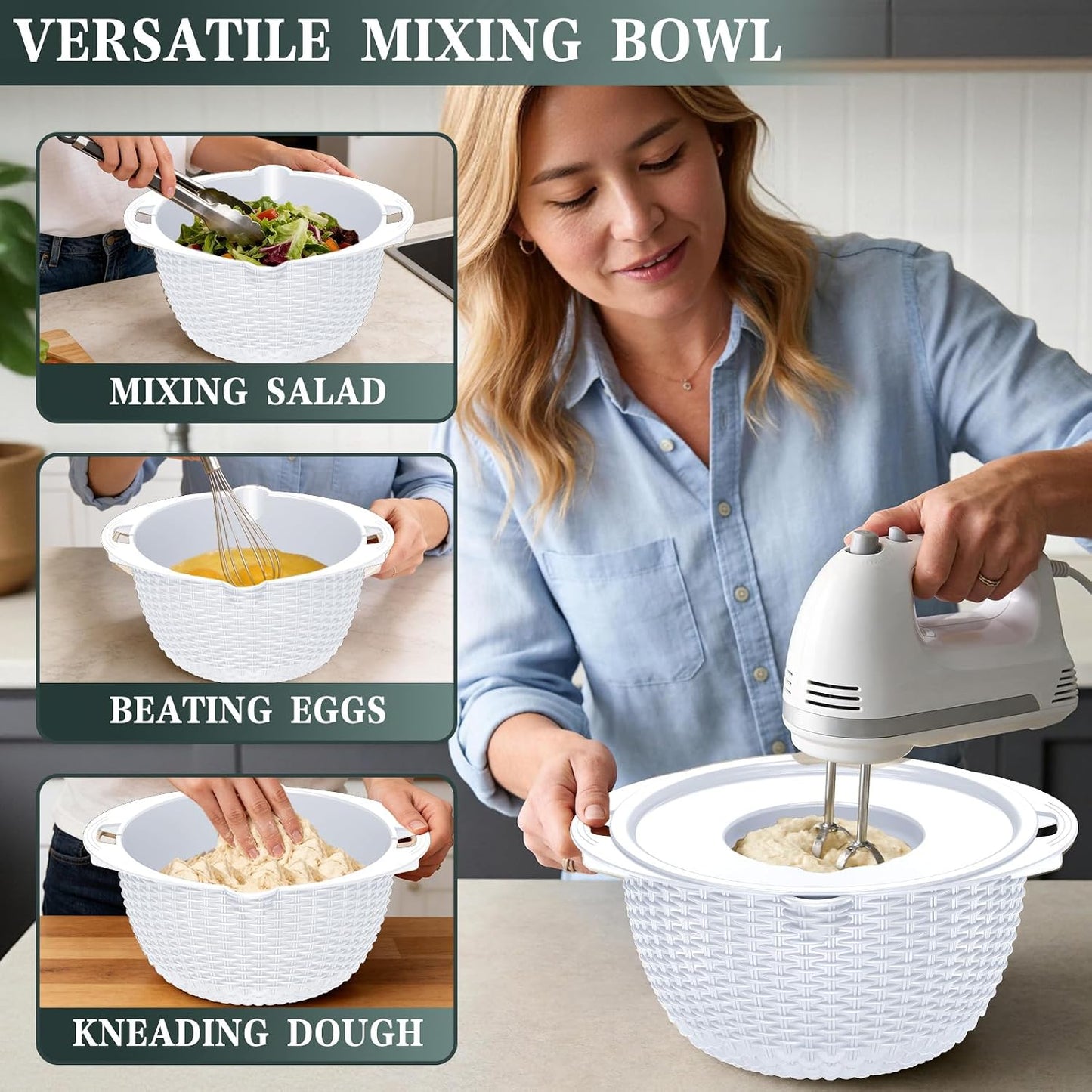 4-in-1 Colander with Bowl Set — Patented 360° Rotatable Strainer Bowl with 3 Graters, Snap-On Lid & Non-Slip Base, Funny Kitchen Present for Women, Aesthetic Pasta Fruit Vegetable Strainer (Beige)